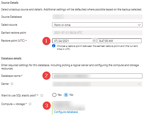 Configuring point-in-time-restore in Azure Portal