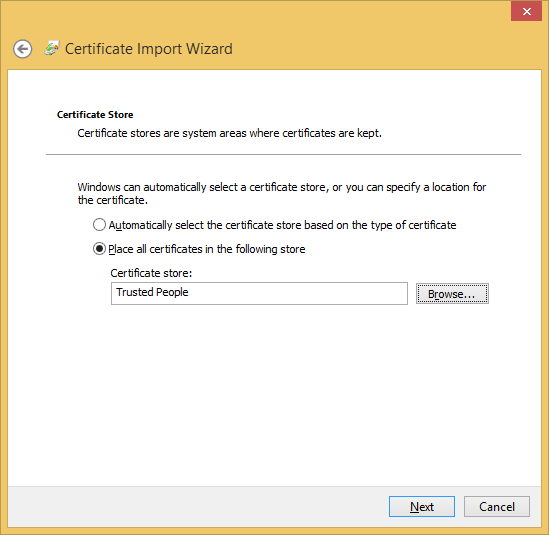 Trusted People certificate store selected in Certificate Import Wizard