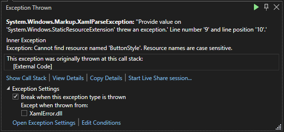 Exception dialog in Visual Studio