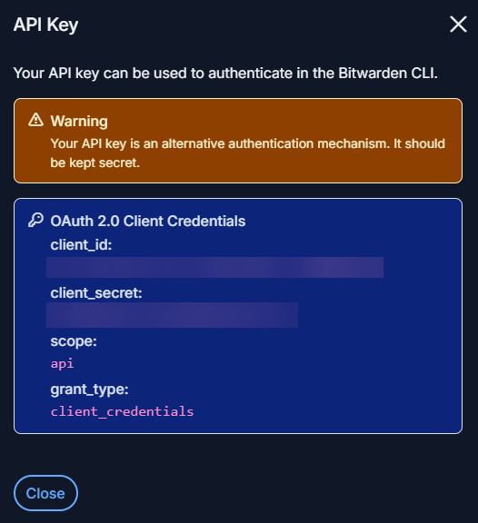 Bitwarden API key in web interface