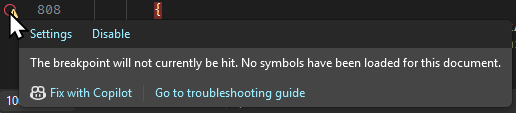 Disabled breakpoint with a warning in Visual Studio