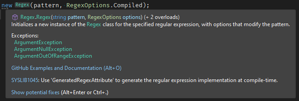 Code analyzer informing about Regex source generator