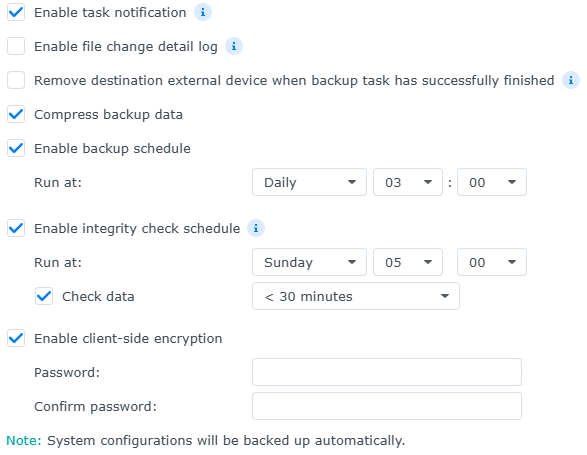 Hyper Backup task settings