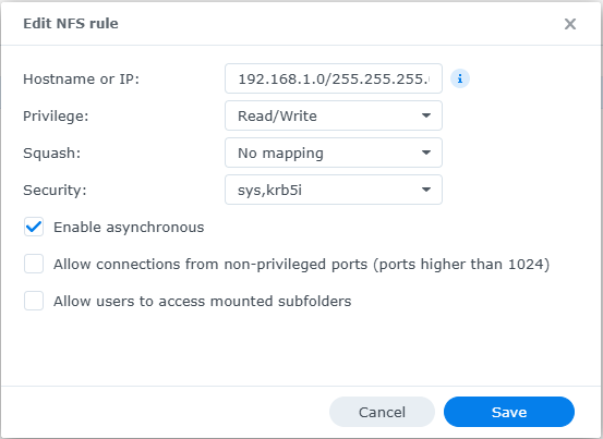 Configure NFS permission for a shared folder in Synology