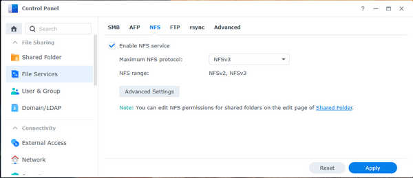 Enable NFS service in Synology