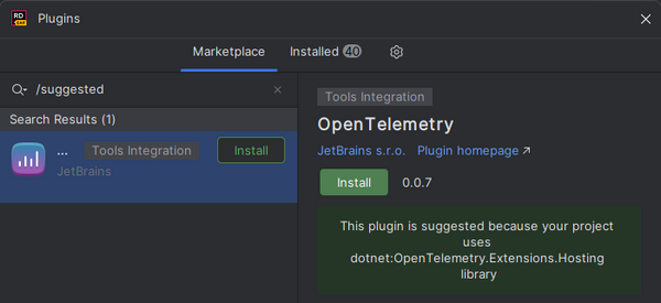 The OpenTelemetry plugin recommendation in Rider