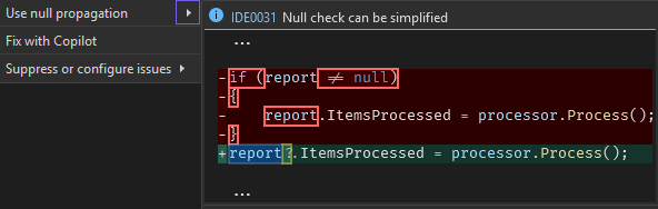 Recommendation for null-conditional assignment in VS 2022