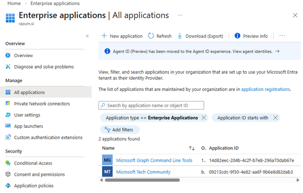 Default enterprise applications filter in Microsoft Entra