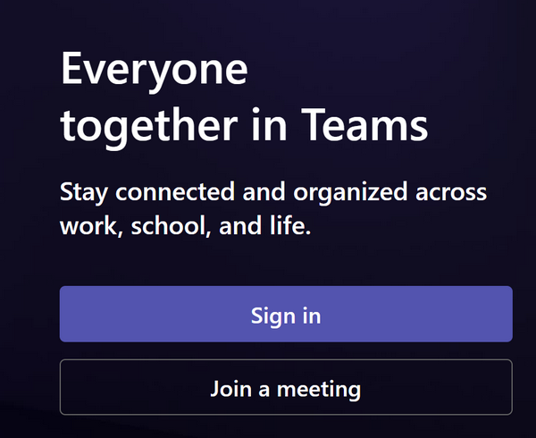 Teams login page in private browser window