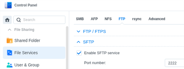 Enable SFTP in Synology Control Panel