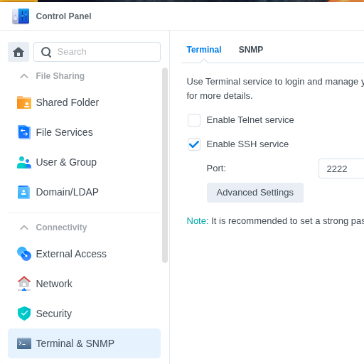 Enable SSH in Synology Control Panel