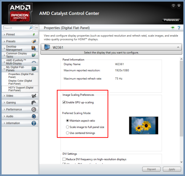 Image Scaling Settings in AMD Catalyst Control Center