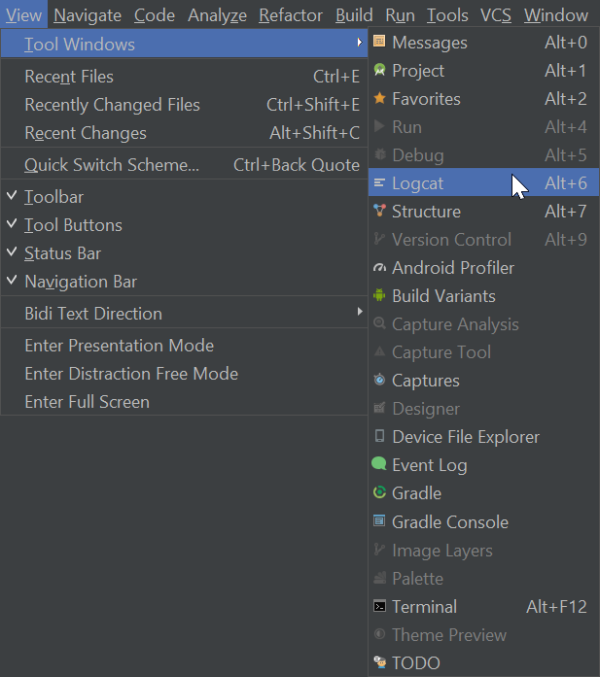 Logcat tool window in Android Studio