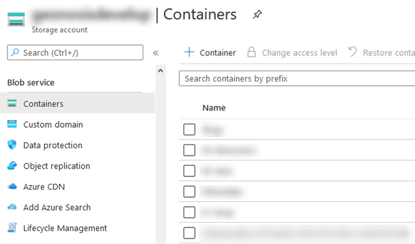 Containers view for a storage account in Azure portal