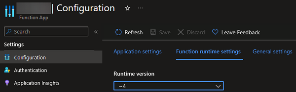 Azure Function runtime version in Azure Portal