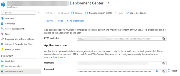 App Service Deployment Center page