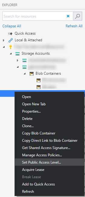 Setting container public access in Azure Storage Explorer
