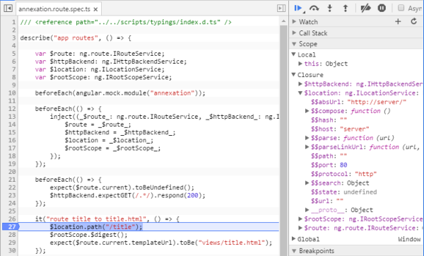 Breakpoint hit in source mapped TypeScript file