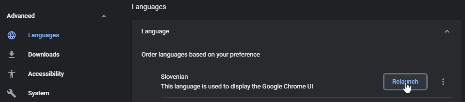 Applying a new user interface language in Chrome