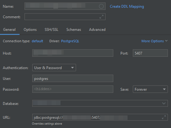 DataGrip connection properties with SSH tunnel