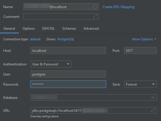 DataGrip connection properties without SSH tunnel