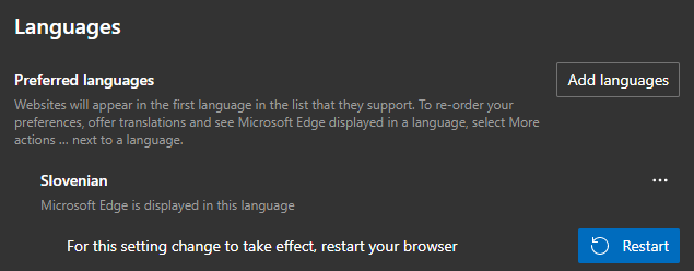 Applying a new user interface language in Edge