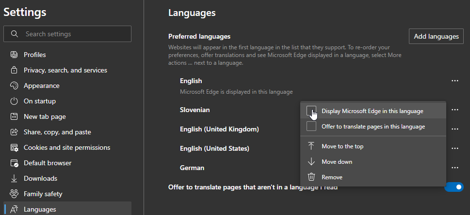 Selecting the user interface language in Edge