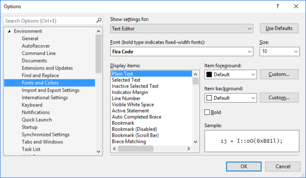 Enabling font ligatures in Visual Studio 2015