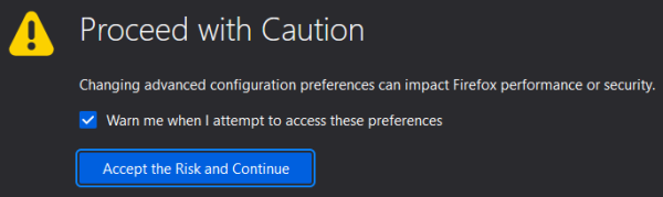 Advanced configuration warning in Firefox