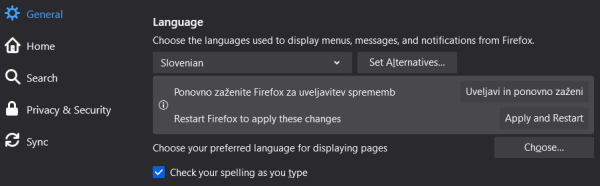 Applying a new user interface language in Firefox