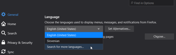 Selecting the user interface language in Firefox