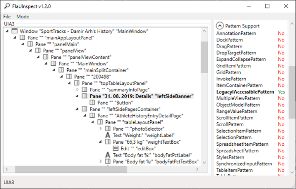 SportTracks controls in FlaUInspect