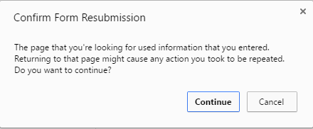 Browser showing a form resubmission warning