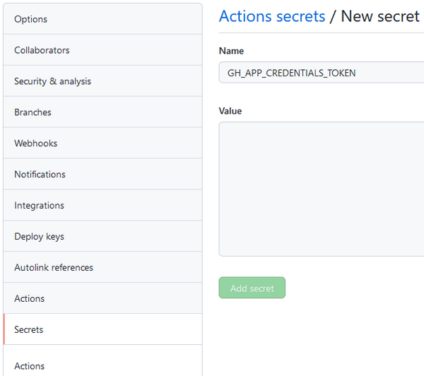 Creating a new actions secret for a GitHub repository