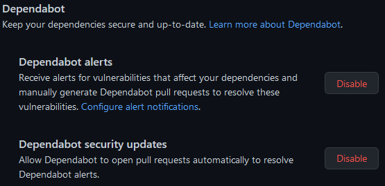 Dependabot alerts for vulnerabilities