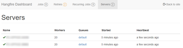 Hangfire dashboard with two servers running