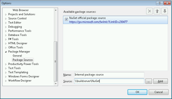 NuGet Package Manager Package Sources Settings