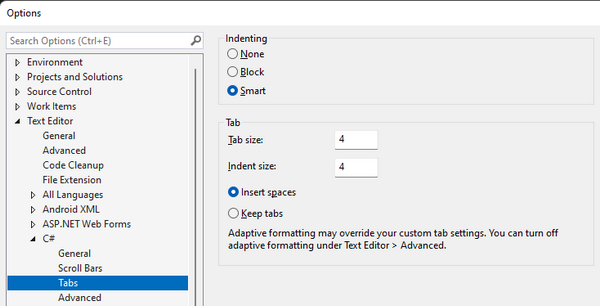 Insert spaces for indentating C# code