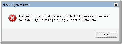 The program can't start because mspdb100.dll is missing from your computer. Try reinstalling the program to fix this problem.