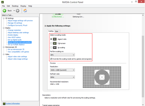 Image Scaling Settings in NVIDIA Control Panel