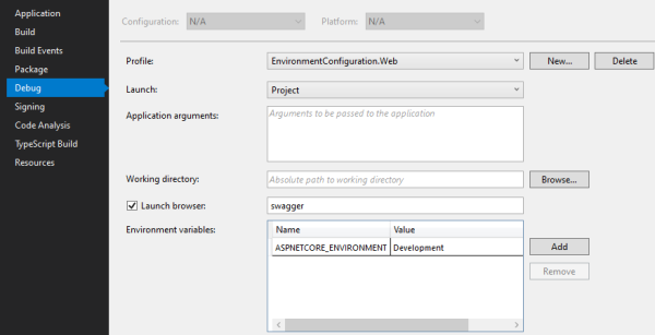 The Debug tab of the Project Properties window.