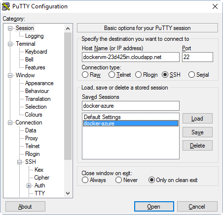 Remote connection configuration in PuTTY