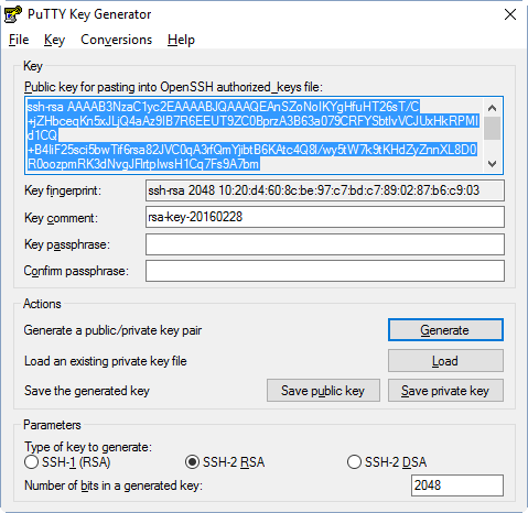 PuTTYgen with a newly created SSH key