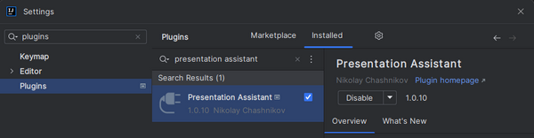 Disabling Presentation Assistant plugin in IntelliJ IDEA