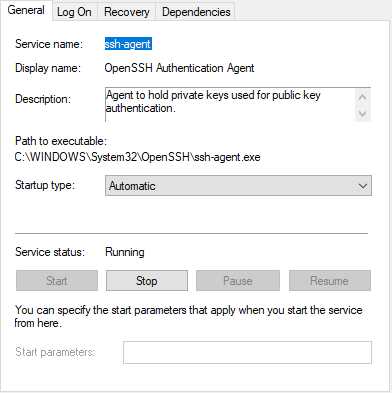 OpenSSH Authentication Agent properties dialog