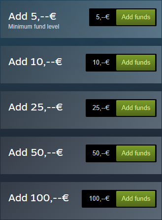 Default options for adding funds to Steam Wallet