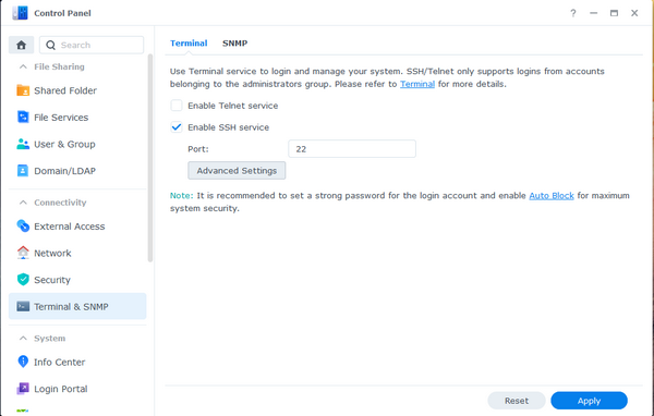 Enable SSH in Synology COntrol Panel