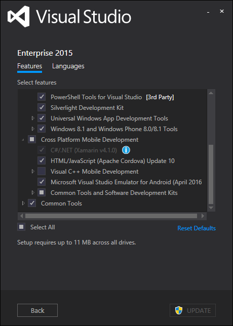 Tools for Apache Cordova feature in Visual Studio installer