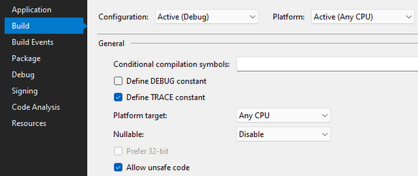 Build flags for active configuration in Visual Studio 2019