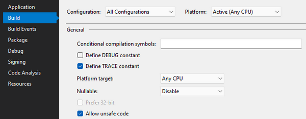 Build flags for all configurations in Visual Studio 2019